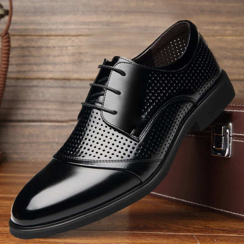 Mens Summer Formal Business Low Top Leather Shoes Perforated Lace Up Breathable Casual Office Dress Shoes Breathable Non-Slip