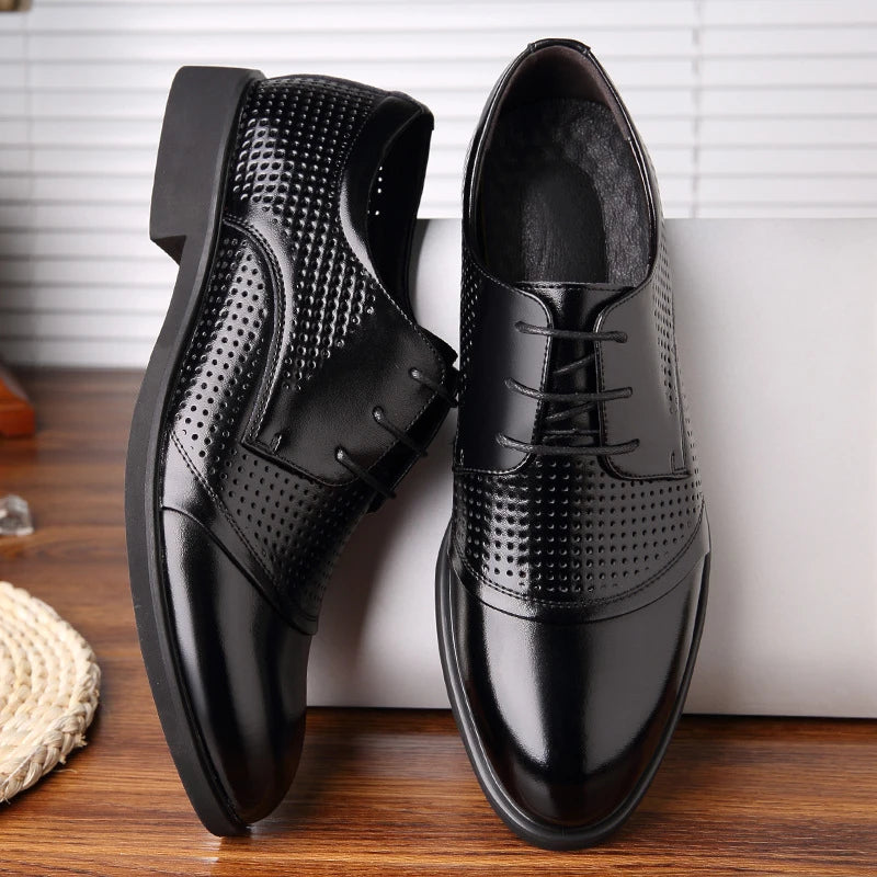 Mens Summer Formal Business Low Top Leather Shoes Perforated Lace Up Breathable Casual Office Dress Shoes Breathable Non-Slip
